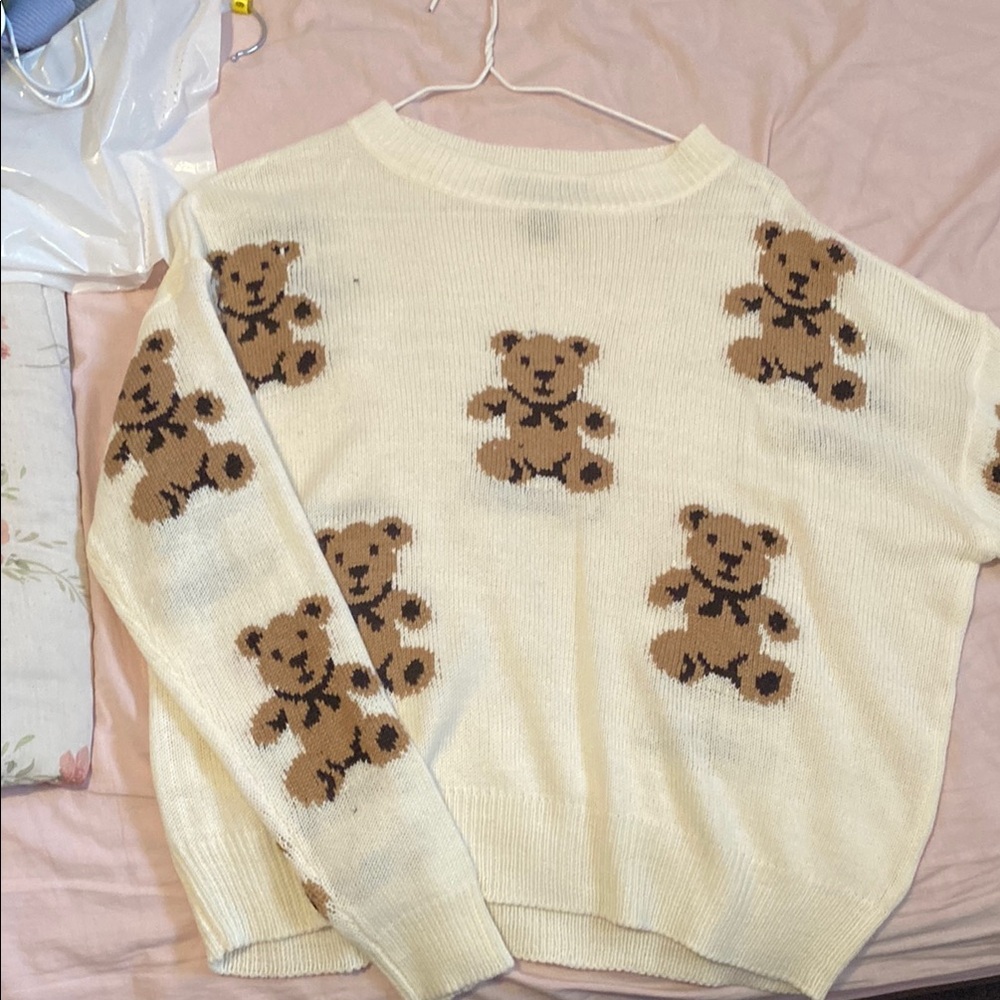Urban Planet Cream and Brown Teddy Bear Crew Neck Sweater